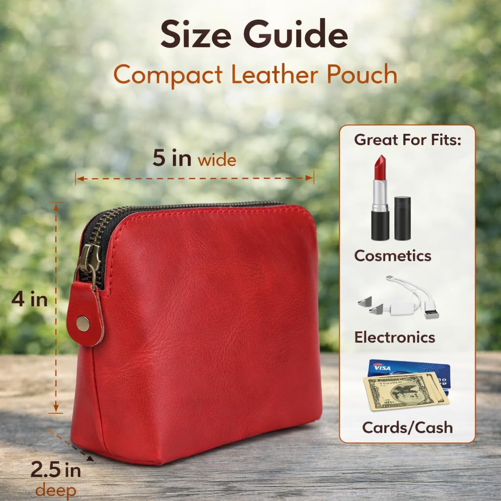TheAntiq Full Grain Leather Cosmetic Bag – Zippered Makeup Pouch for Women, Small Travel Toiletry & Organizer Pouch for Purse, Premium Handmade Leather (5 × 4 × 2.5 in)