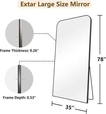 Koonmi Full Length Mirror, 78"x35" Mirror Full Length with Stand, Black Domed Top Square-Edged Floor Mirror with Aluminum Alloy Frame for Bedroom Living Room