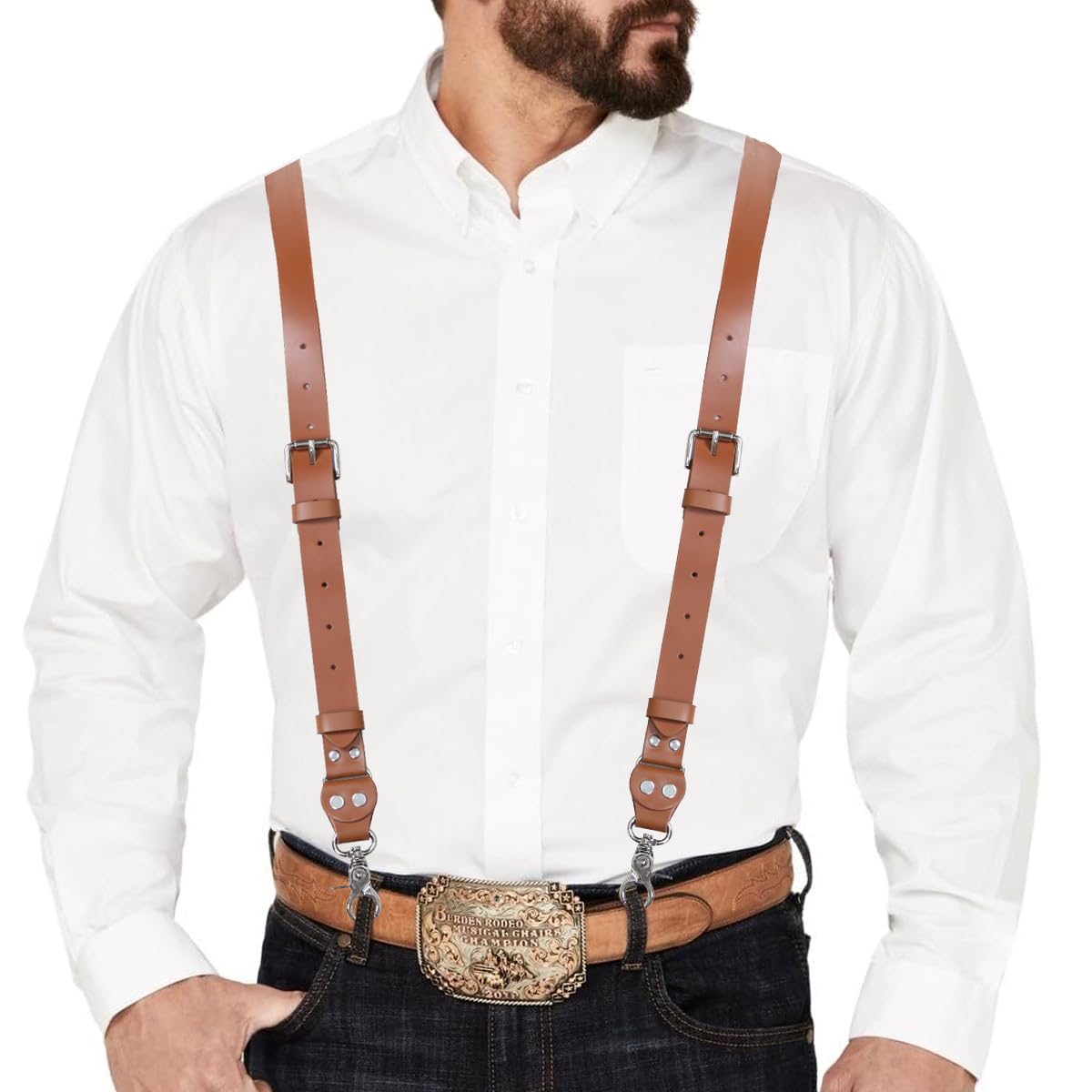 CONLIKE Leather Suspenders for Men Heavy Duty Mens Suspenders for Jeans Dress Pants Groomsmen Gift Wedding Y Back Design Adjustable with Metal Hooks, Brown