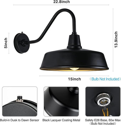 Gooseneck Barn-Lights Outdoor Fixture - 15 inch Farm Style Black Large Lighting Farmhouse Exterior Sconce Wall Light for House, Dusk to Dawn Sensor Front Door Porch Garage (15 inch)