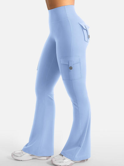 YEOREO CoreFlex Women Workout Flare Leggings with Pockets Hidden Scrunch High Waisted Cargo Gym Yoga Leggings Light Blue S