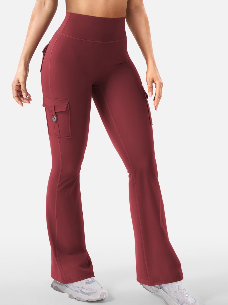 YEOREO CoreFlex Women Workout Flare Leggings with Pockets Hidden Scrunch High Waisted Cargo Gym Yoga No Front Seam Leggings Anchor Red M