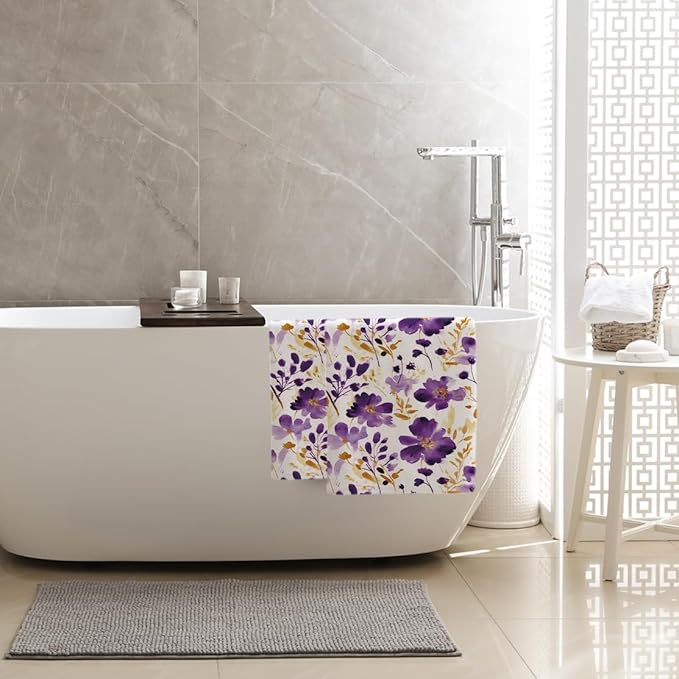 Purple Floral Hand Towels Bathroom Soft Absorbent Purple Flower Decorative Bath Towels Set for Bathroom Gym Spa Home Farmhouse Housewarming Gifts for Women Girls Set of 2, 14"x28"