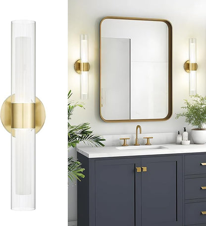 kudos Gold Bathroom Sconces Wall Lighting, Bathroom Vanity Light, Modern Wall Lights with Clear Glass and Frosted Glass,3000K/4500K/6000K Adjustable, KDVL06-GD-2