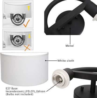 Industrial 2-Lights Wall Sconce Fixture with White Fabric Shade, Double Arm Wall Light Lamps Decor for Hallway Bedroom Living Room Bathroom Stairway