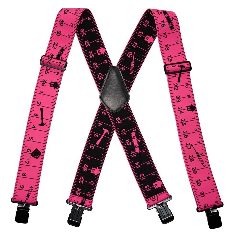 Movwokon Men's 2" Wide Heavy Duty X-Back Elastic Suspenders, Strong Metal Clips, Adjustable for Tool Belt/Carpenter(pink)