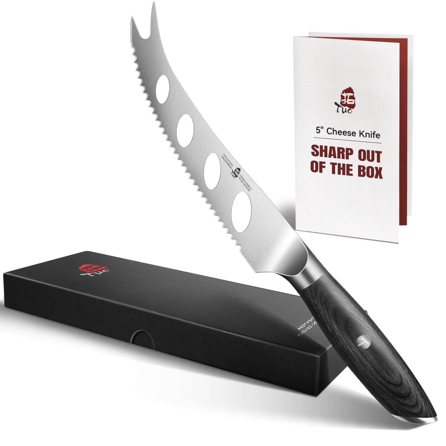 TUO Cheese Knife, 5" Cheese Knives Slicer for Block Cheese, Serrated Tomato Knife, Forked Tips & Non-Stick Blade, High Carbon German Steel, Ergonomic Pakkawood Handle with Gift Box, Falcon Series