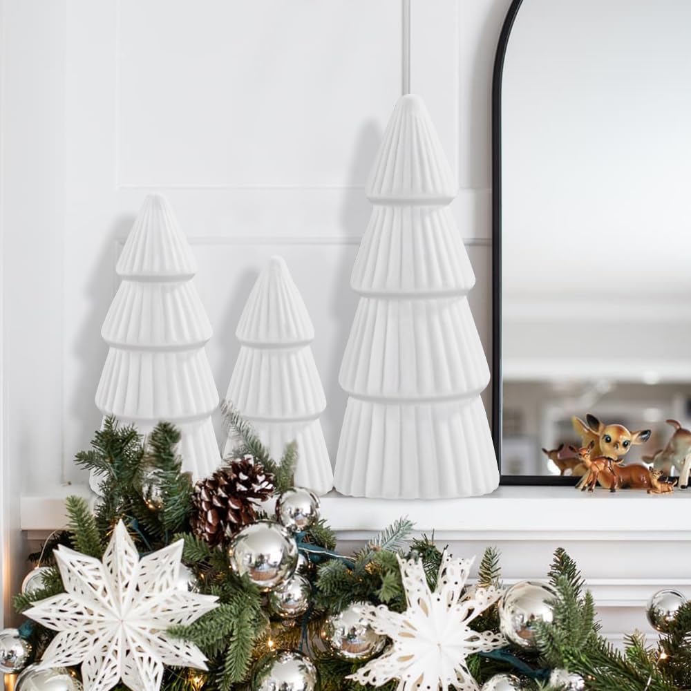 JOICEE 3 Pcs Velvet Ceramic Christmas Trees, Xmas White Modern Velvet Cone Tabletop Trees for Christmas Decorations Indoor Table Mantel Entryway Centerpieces Home Room Decor