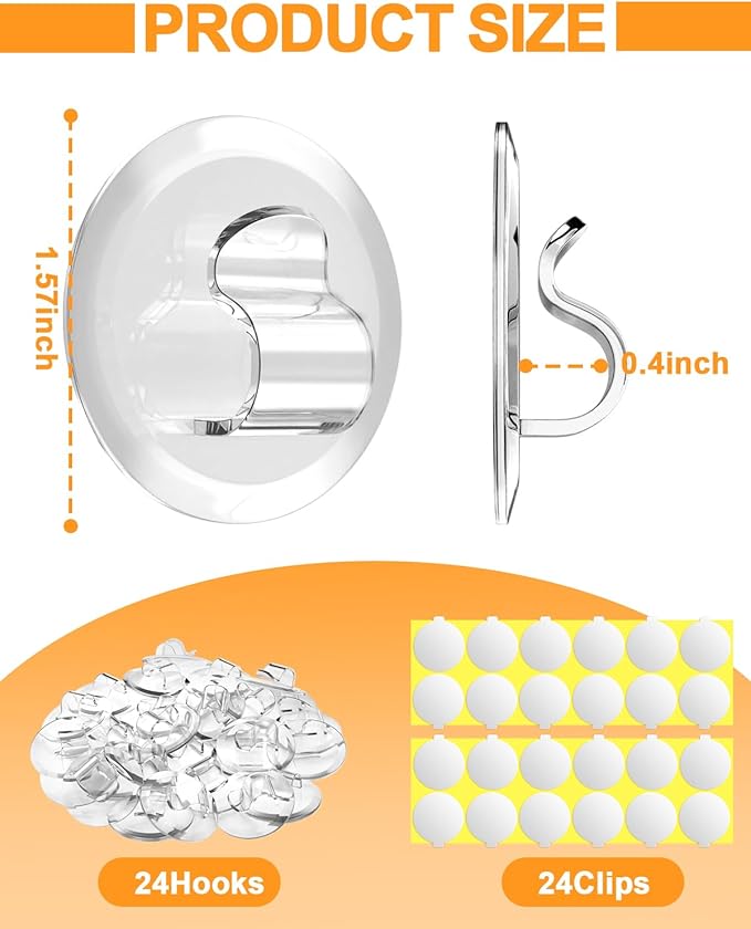 Light Clips for Outside String Lights: 24 Pack Adhesive Hooks for Outdoor String Lights - Outdoor Light Clips for Patio Balcony Fence - Rope Led Light Strip Christmas Decor Hooks