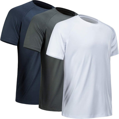 MCPORO Workout Shirts for Men Short Sleeve Quick Dry Athletic Gym Active T Shirt Moisture Wicking 3 Pack Navy, Dark Grey, White XX-Large