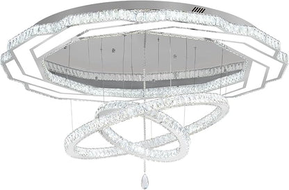 Flashing God Extra Large Chandelier Dia 55" Chrome Chandeliers Flush Mount Chandelier for Living Room Bedroom Dining Room Hallway Dimmable 3 Rings Chandeliers