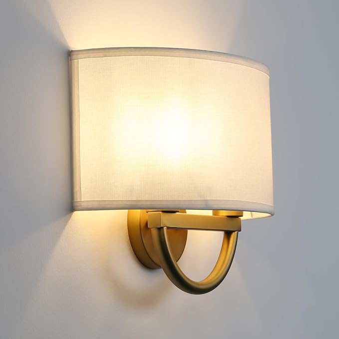 Industrial 2-Lights Wall Sconce Fixture with White Fabric Shade, Double Arm Wall Light Lamps Decor for Hallway Bedroom Living Room Bathroom Stairway