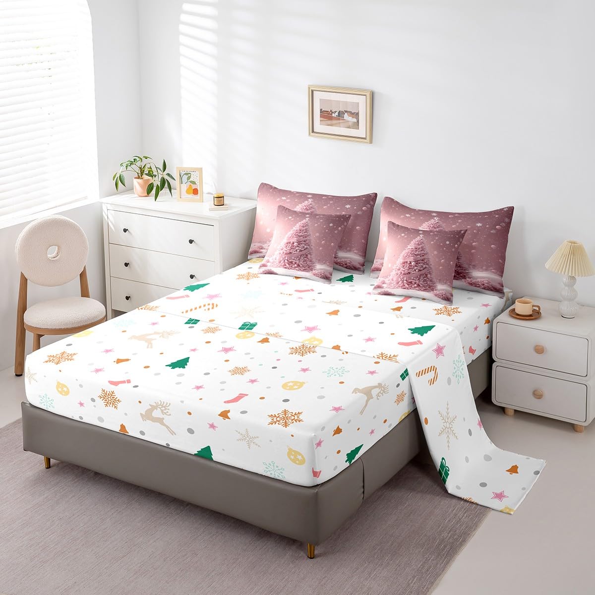 Manfei Pink Xmas Tree 7 Pieces Comforter Set Full,Kawaii Bowknot Snowflake Bedding Set for Bedroom Decor,Merry Christmas（Comforter+Fitted+Flat Sheet+2 Pillowcases+2 Throw Pillow Covers）
