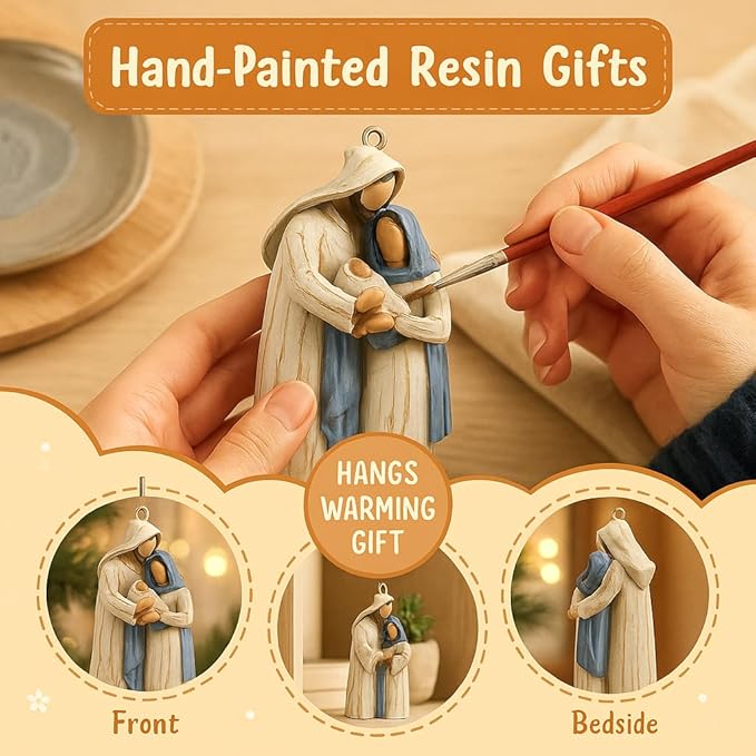 2-Pack Holy Family Nativity Hanging Ornament – Hand-Painted Resin Christmas Decoration, Religious Gift Keepsake for Xmas Tree, Wreath & Mantel – Mary, Joseph & Baby Jesus Figurine (Twin Holy Family)