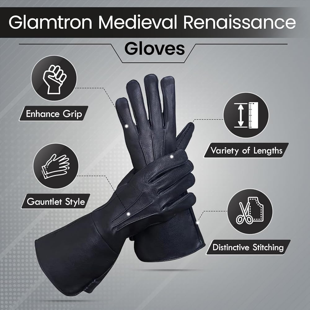 Glamtron Leather Long Cuff Medeival Renaissance Gauntlet Steampunk Cosplay Lamp Skin Black Leather Halloween Gloves