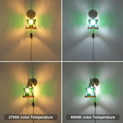 Vintage Wall Sconce, Wall Lamps with Polygonal Checker Sconce, Stained Glass Shade Brass Wall Lights Fixture with Plug in Cord and Switch for Bedroom Bathroom Living Room Hallway