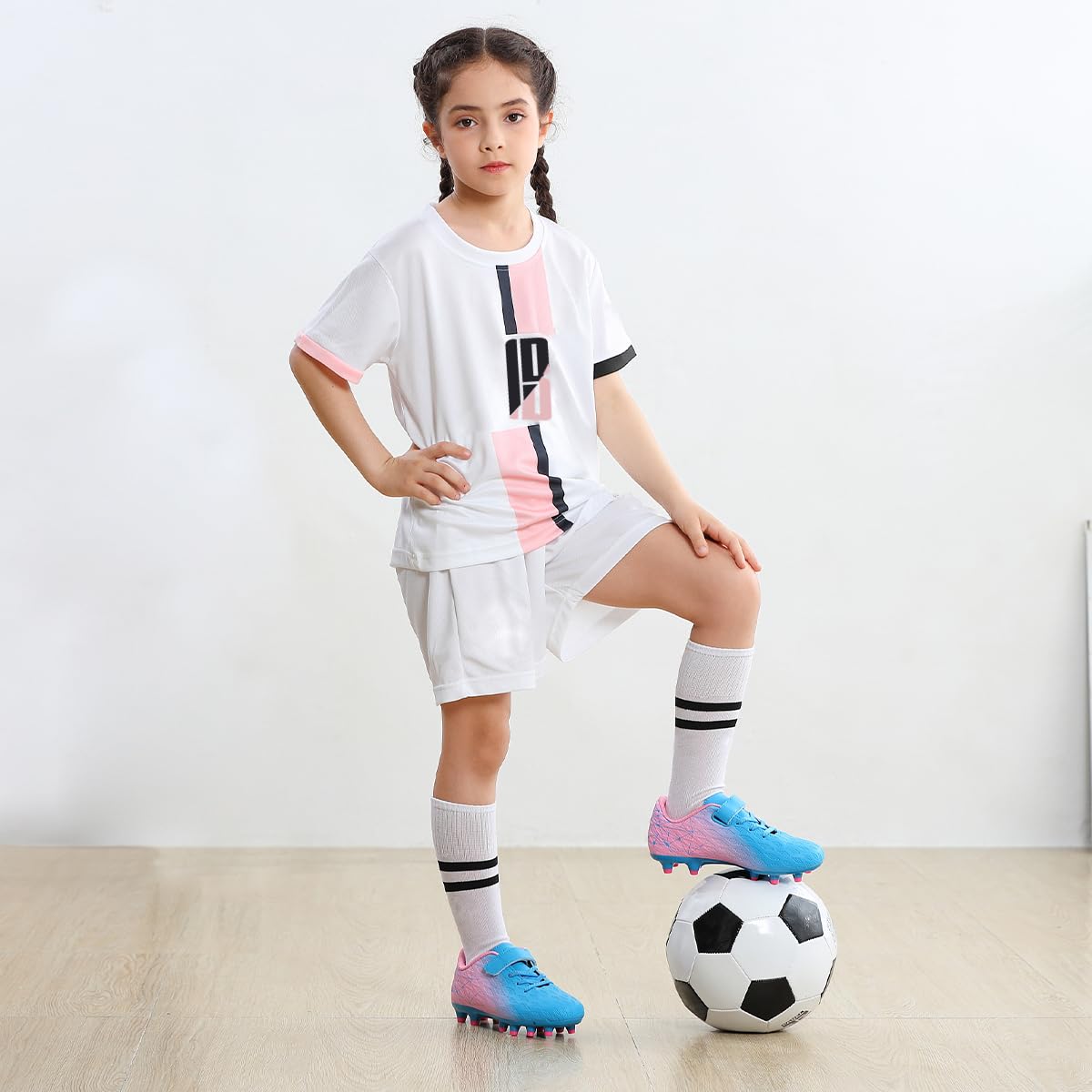 brooman Kids Firm Ground Soccer Cleats Boys Girls Athletic Outdoor Football Shoes(3.5,Blue Pink)