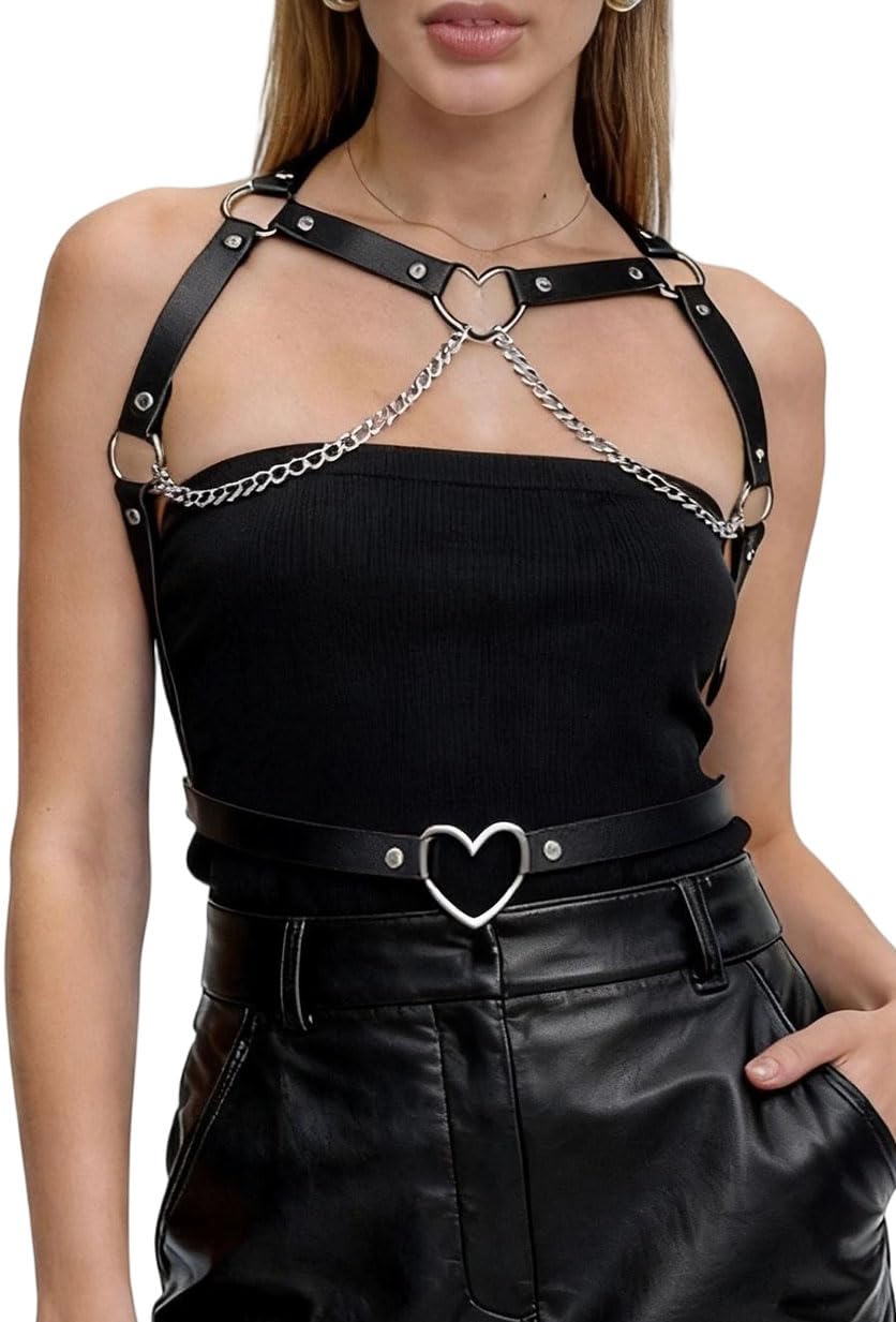 WARANDOD Women’s Faux Leather Chain Body Harness Belt, Adjustable Alloy Ring Chest Strap Fashion Accessory for Goth Punk Outfits(Waist 28.3-37.8in)