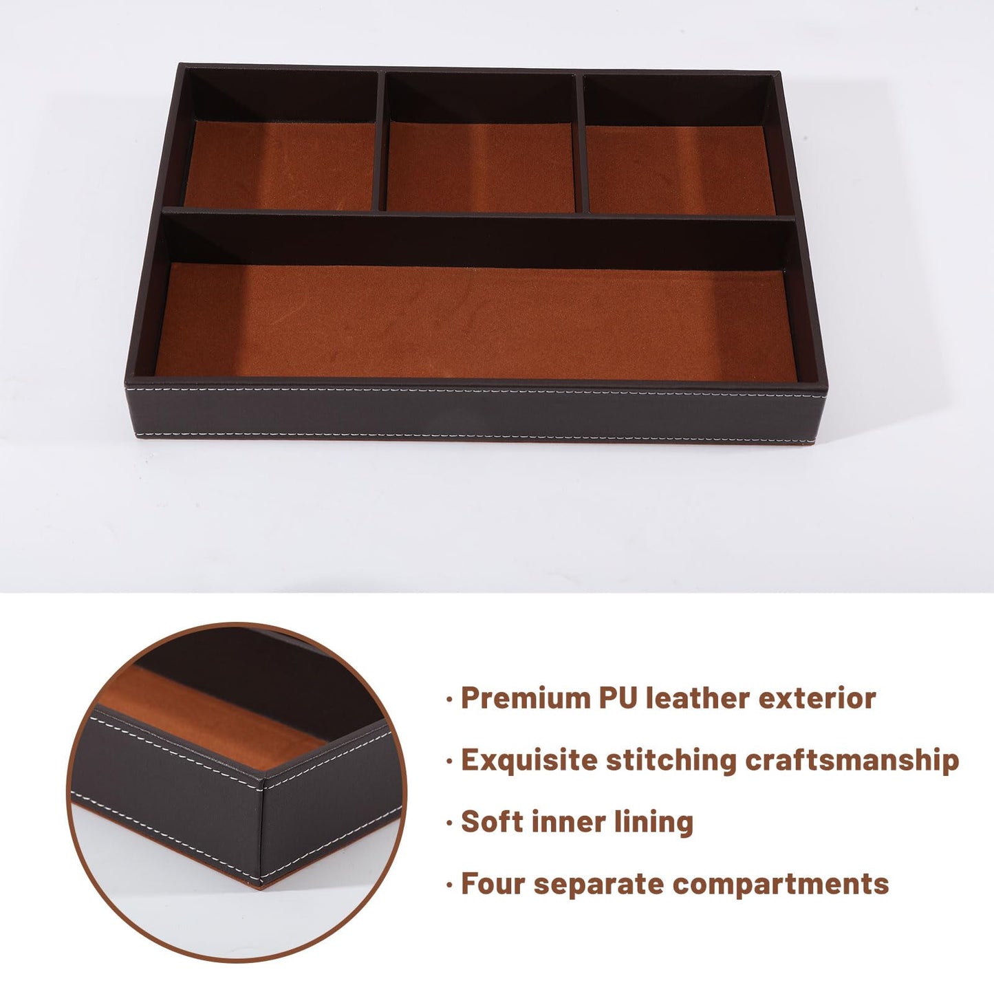 CONCHLERY 2 Pcs Desk Drawer Organizer 4 Grid PU Leather Drawer Storage Organizer Multi-Purpose Storage Desktop Organizers Tray for Office Home, Brown, 30.3x20.3x4.15cm