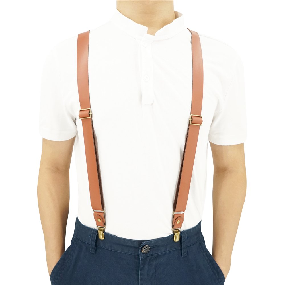Lawevan 1 Inch Wide Suspenders for men,Soft Cattlehide Split Cow Leather,England Style, Y-shaped Adjustable 4 Braces Clips