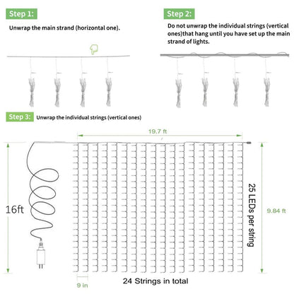 Solhice LED Curtain Lights Outdoor 20ft x10ft, 600 LED Plug in Hanging String Lights Indoor Bedroom, Twinkle Light Backdrop for Outside Wedding Decor, Warm White (Not Connectable)