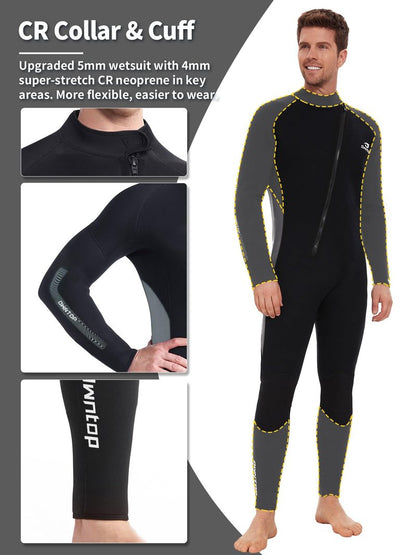 Owntop 5mm Wetsuit for Men - Long Sleeve Full Diving Suits Stretch One Piece Dive Skin UPF50+ Thermal Neoprene Swimwear Ideal for Scuba Surfing Snorkeling, Gray XL