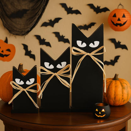 HH Family Halloween Table Decorations Black Cat Rustic Wooden Party Decor for Tabletop Shelf or Mantel (3 Black Cats)