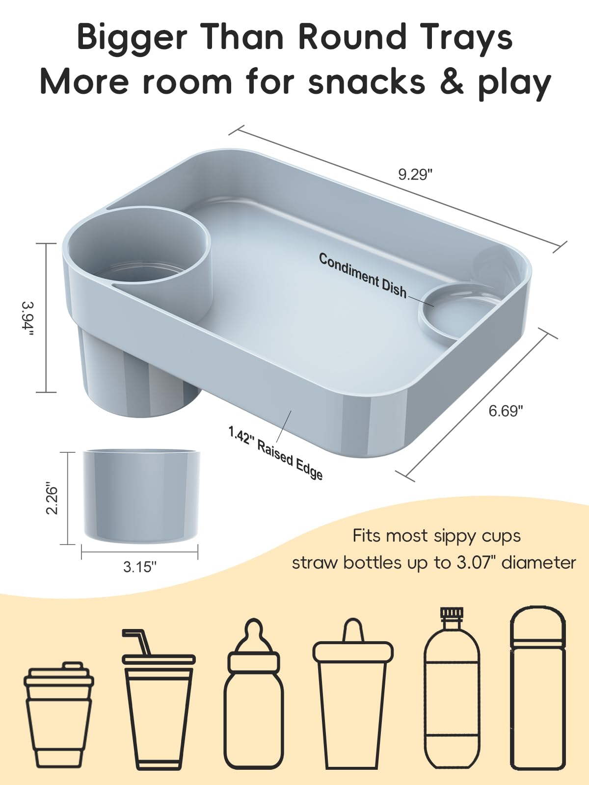 BBSDA Car Seat Cup Holder Snack Tray for Kids, Reduces Mess, Detachable Large Base & Adjustable Ring, Carseat Tray for Toddler, Car Seat Food Tray Table for Kid Travel Road Trip Essentials -Light Gray