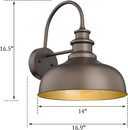 Bestshared Gooseneck Barn Light 14 Inch Dome Farmhouse Wall Mount Light Fixture, Exterior Lighting Fixture,Wall Porch Light for Front Door, Entryway, Patio (ORB+Gold, 14” Dome-1Pack)