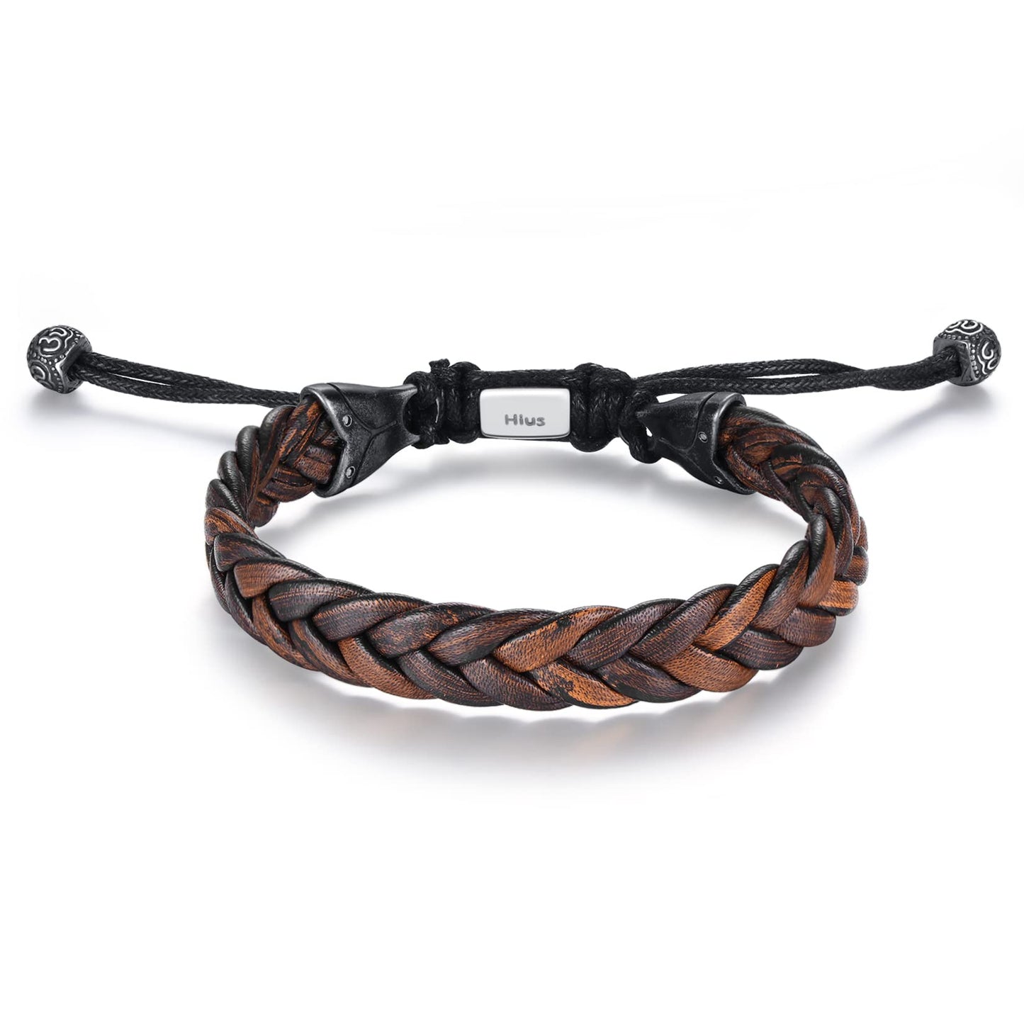 Hius Leather Bracelet for Men, Brown Adjustable Braided Leather Bracelet Wristband, Men's Leather Jewelry