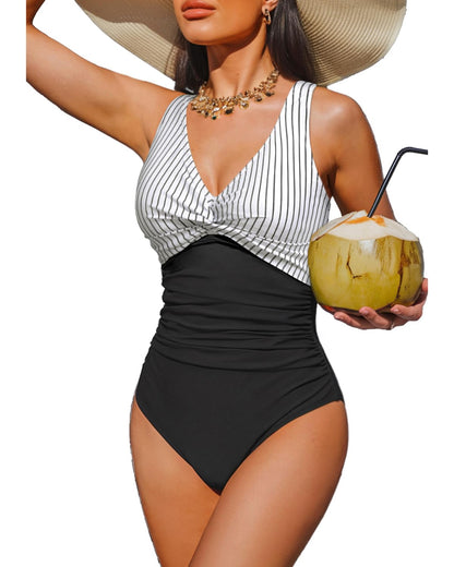 Holipick Black Striped Women Tummy Control One Piece Swimsuit - Push Up Bathing Suit Full Coverage Slimming Swimwear XL