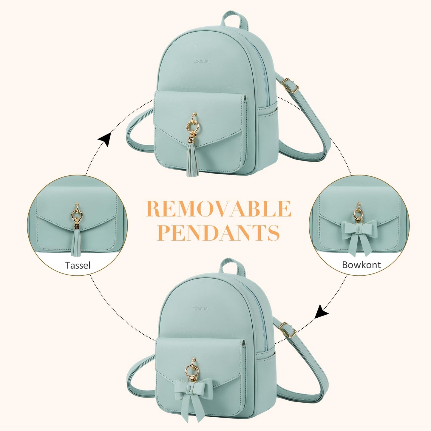 ECOSUSI Mini Backpack for Women Girls Cute Bowknot Small Backpack Purse Ladies Leather Bookbag Satchel Bag, with Charm Tassel Green
