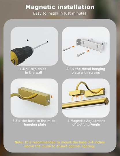 Picture Light Battery Operated, Wireless Art Light for Paintings, Dimmable 5000mAh Recharging Battery Picture Light with Remote Control for Wall, Gallery Dartboard Art Bedroom (Gold-1Pack)