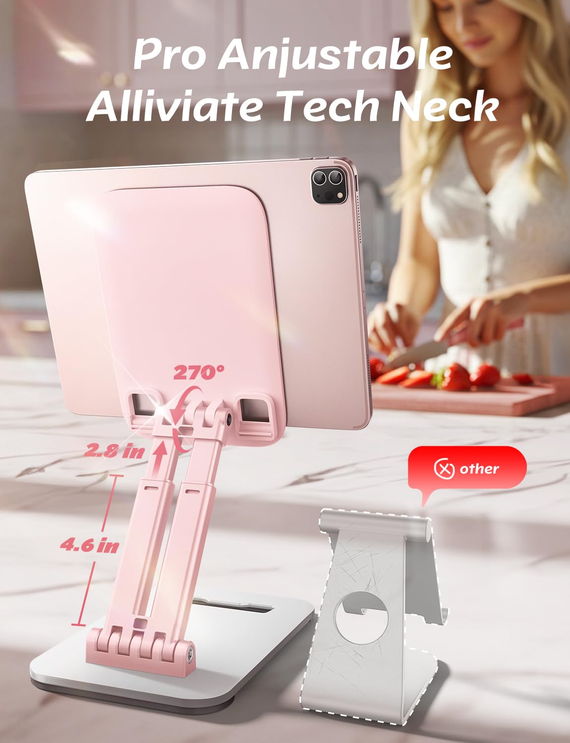 LISEN Tablet Stand for iPad Stand Holder Desk, Foldable Home Office Desk Accessories Travel for iPad Holder Dorm College Essentials Portable Monitor Pink Sorbet for Girls