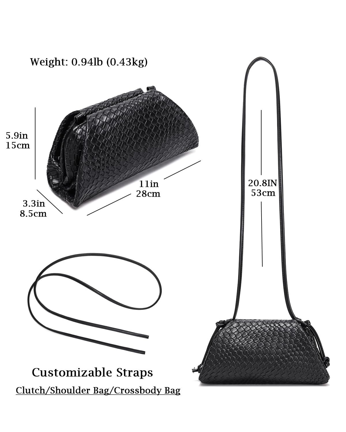 SUANNI Black Woven Vegan Leather Evening Bag, Dumpling Clutch Purse for Women, Shoulder Crossbody Bags with Adjustable & Detachable Strap, Clasp Closure Handbag for Party Wedding Weekends