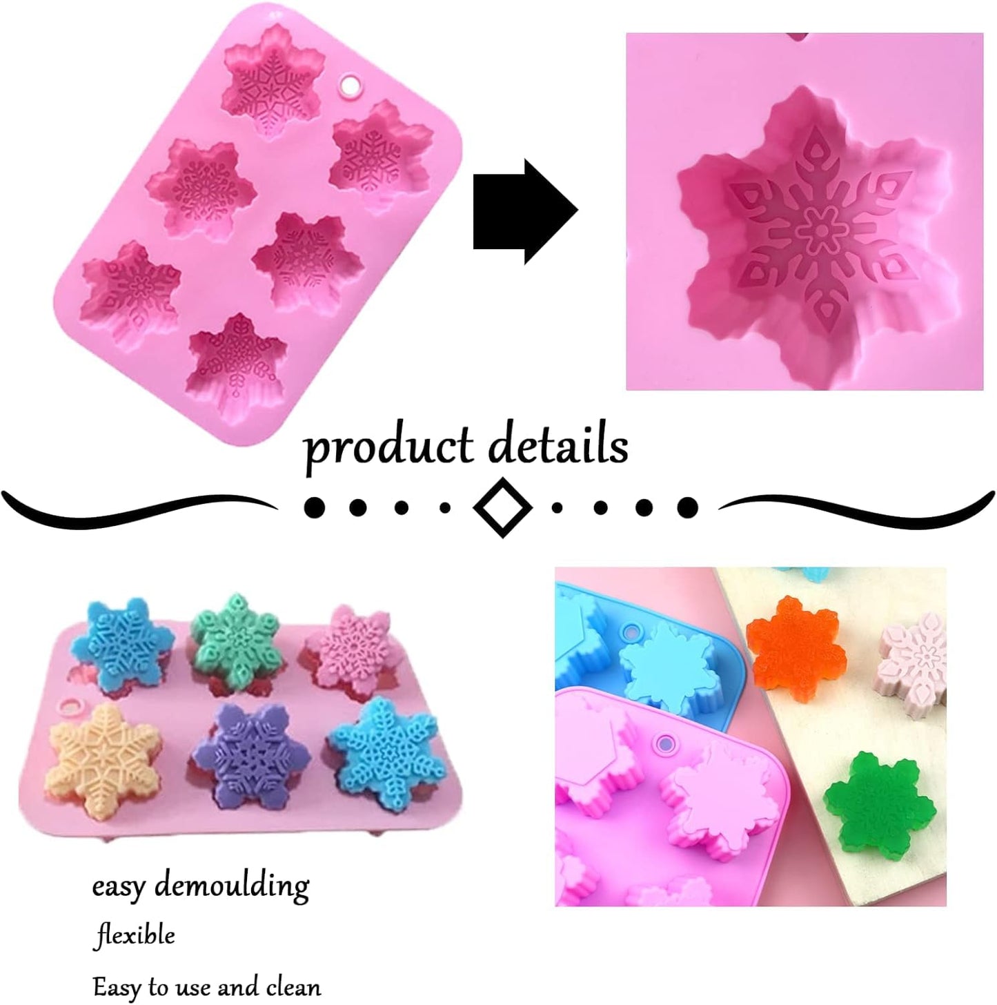 Silicone Snowflake Molds - 2 Pcs Christmas Soap Molds Non-Stick 3D Snowflake Candle Bath Bomb Mold Christmas Baking Tray Cake Cupcake Backing Mold Chocolate Candy (Pink/Blue)