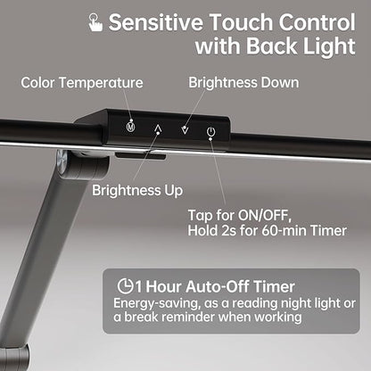 LED Desk Lamp for Home Office, 24W Eye-Caring Reading Light with Clamp, USB Charging Port, 7 Brightness 5 Color Mode, Memory Function, Auto-Off Timer, Swing Arm Architect Table Lamp for Study