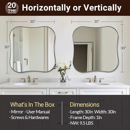 ANDY STAR 30x30 Inch Brushed Nickel Bathroom Mirror,Square Scallope Mirror with Unique Notched Edges Design in 1 Inch Stainless Steel Metal Frame Wall Mounted Mirror for Home Bathroom