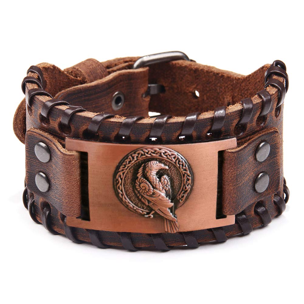 TURTLEDOVE 2 Piece Viking Leather Bracelets - Wolf Fenrir and Odin’s Raven - Medieval Bracelets for Historical