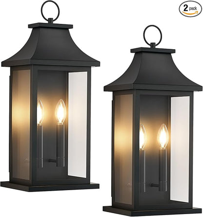 tewei 18'' Large Outdoor Wall Light, Porch Light Outdoor Wall Sconce Lantern, 2-Light Black Exterior Lighting Fixture Wall Mount, Outside Light for House Garage, 2-Pack