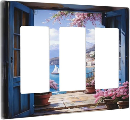 Decorative Art Light Switch Covers Seaside Window View 3 Gang Triple Rocker Outlet Switch plate GFCI Faceplate GFCI for Home Decor