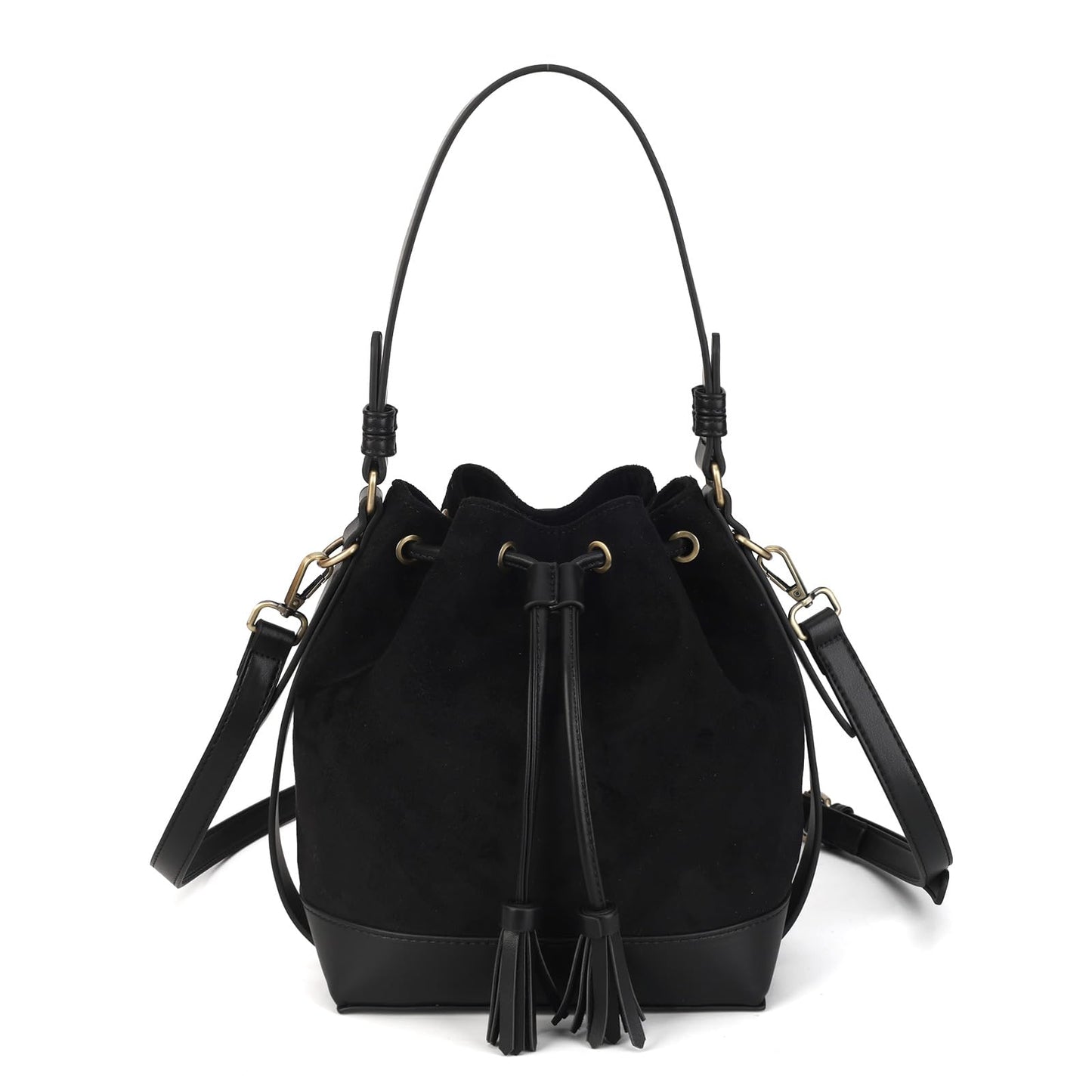 AFKOMST Faux Suede Bucket Bags and Drawstring Crossbody Boho Purse for Women Medium Hobo Handbags with 2 Shouder Straps (Black)