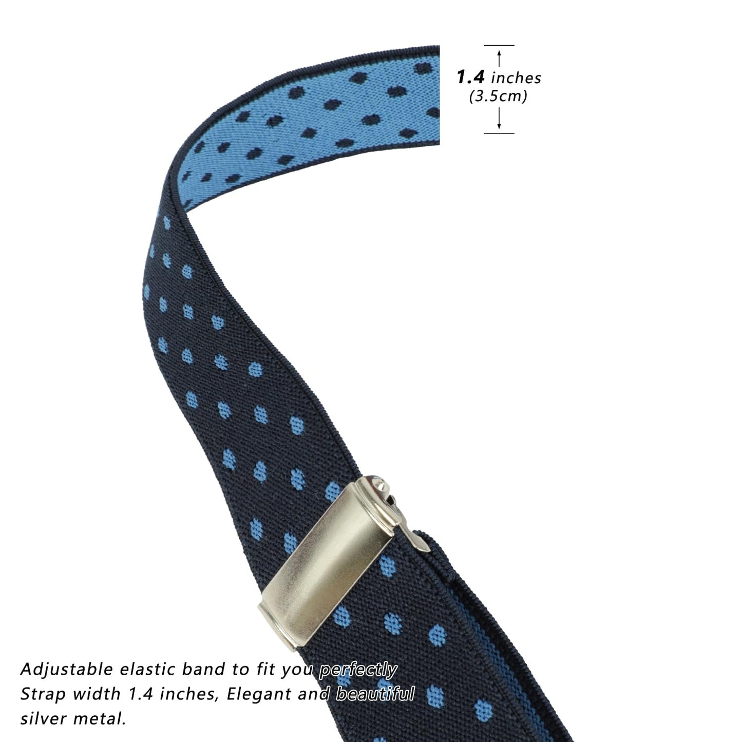 LEHOMU Suspenders for Men with leather 6 Heavy-Duty Clips, 1.4 Inches Wide Men's Suspenders Y-Back Adjustable Elastic Fit for Work or Casual Wear，Tibetan Blue Dots