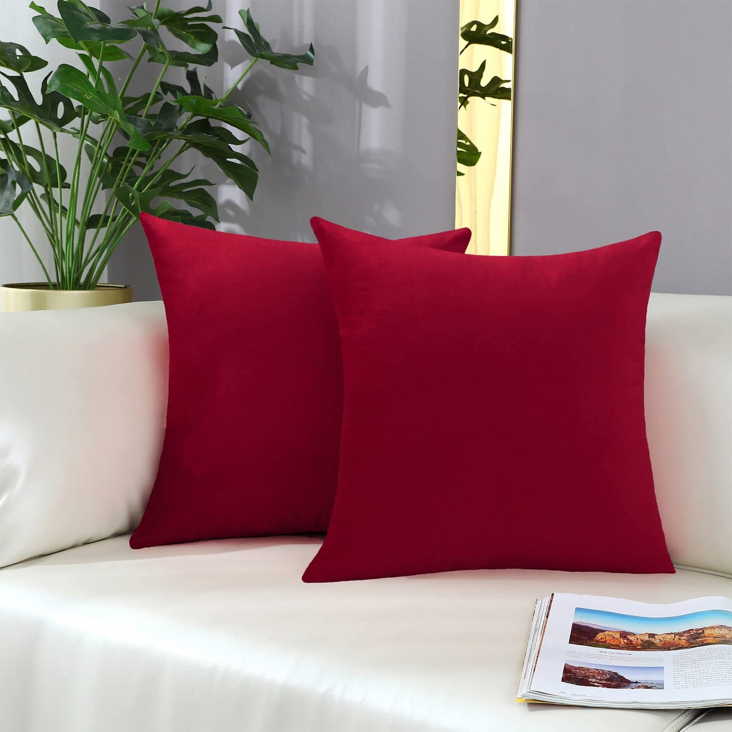 mixeoo Comfy Christmas Red Throw Pillow Covers Decorative Square Solid Thick Velvet Super Soft Cushion Cases Home Decor for Sofa Couch Living Room Chair, Set of 2, 18 x 18 Inch