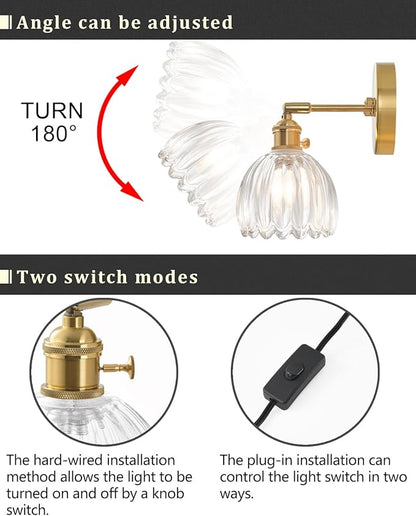 Plug in and Hardwired Wall Sconces, Luxury Vintage Tulip Crystal Glass Shade Wall Light with Switch for Bedside Bedroom Living Room (Tulip-Clear, 1)