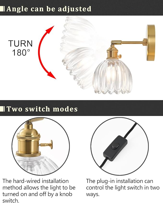 Plug in and Hardwired Wall Sconces, Luxury Vintage Tulip Crystal Glass Shade Wall Light with Switch for Bedside Bedroom Living Room (Tulip-Clear, 2)