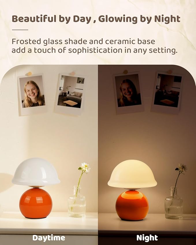 Mushroom Lamp Bedside Table Lamp for Bedroom, Cute Small Lamps with Glass Lampshade, Nightstand Lamp with Dimmer for Living Room Kitchen Apartments Offices Desk Shelves (Orange)