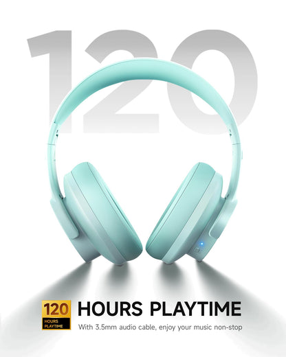 Picun B8 Bluetooth Over Ear Headphones, 120H Playtime with 3 EQ Modes, Low Latency, Hands-Free Calls, Deep Bass for Travel, Home, Office & PC (Cyan)