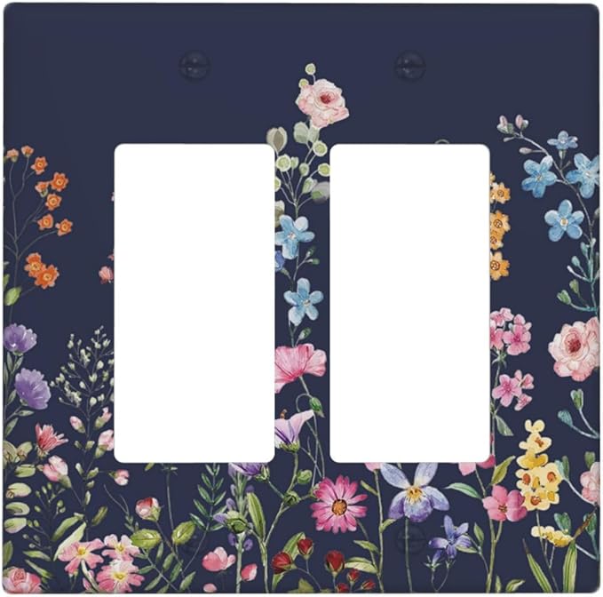 Rustic Wild Floral Darkground Vintage Watercolor Flower 2 Gang Rocker Decora Light Switch Covers Decorative Dual Outlet Covers Wall Plate Electrical Faceplate Switchplate GFCI for Bedroom