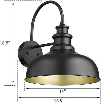 Bestshared Gooseneck Barn Light 14 Inch Dome Farmhouse Outdoor Wall Sconce,Exterior Wall Mount Lighting Fixture Outdoor Lantern Lamp for Front Door, Entryway,Patio,Garage (Black+ Gold, 14” Dome-2Pack)